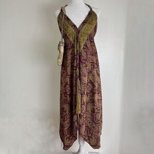 Silk Paisley Boho Halter Dress – Plum & Olive – Size S/M (FP/Anthro Style)